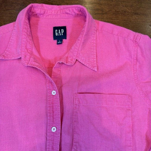 Set Of 2 GAP Women Shirt Linen Blend Pink & Chambray LS Button Up Collared Large - Picture 4 of 12